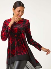 Roman Red Floral Print Velvet Chiffon Hem Top - Image 1 of 5