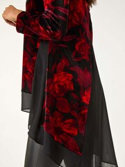 Roman Red Floral Print Velvet Chiffon Hem Top - Image 2 of 5
