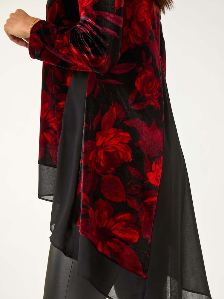 Roman Red Floral Print Velvet Chiffon Hem Top - Image 2 of 5