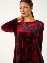 Roman Red Floral Print Velvet Chiffon Hem Top - Image 3 of 5