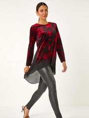 Roman Red Floral Print Velvet Chiffon Hem Top - Image 5 of 5