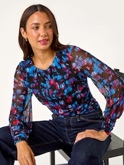 Roman Red Mesh Printed Stretch Top - Image 1 of 5