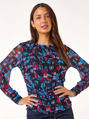 Roman Red Mesh Printed Stretch Top - Image 3 of 5