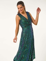 Roman Green Sequin Wrap Twist Front Midi Dress - Image 1 of 5