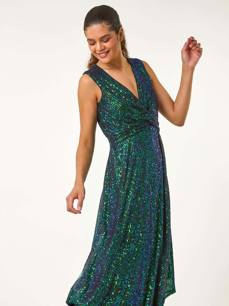 Roman Green Sequin Wrap Twist Front Midi Dress - Image 1 of 5