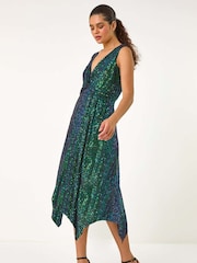 Roman Green Sequin Wrap Twist Front Midi Dress - Image 2 of 5