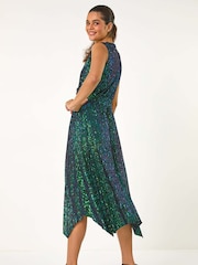 Roman Green Sequin Wrap Twist Front Midi Dress - Image 3 of 5