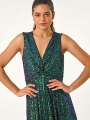 Roman Green Sequin Wrap Twist Front Midi Dress - Image 4 of 5