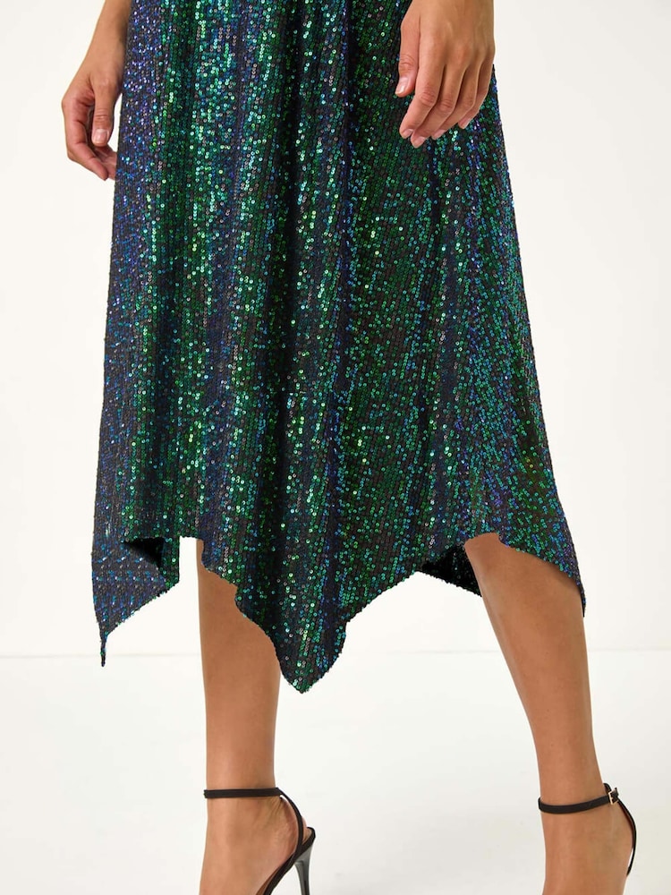 Roman Green Sequin Wrap Twist Front Midi Dress - Image 5 of 5