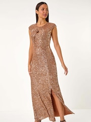 Roman Metallic Sequin Twist Front Maxi Stretch Dress - Image 1 of 6
