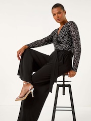 Roman Black Sequin Wrap V-Neck Stretch Jumpsuit - Image 1 of 5