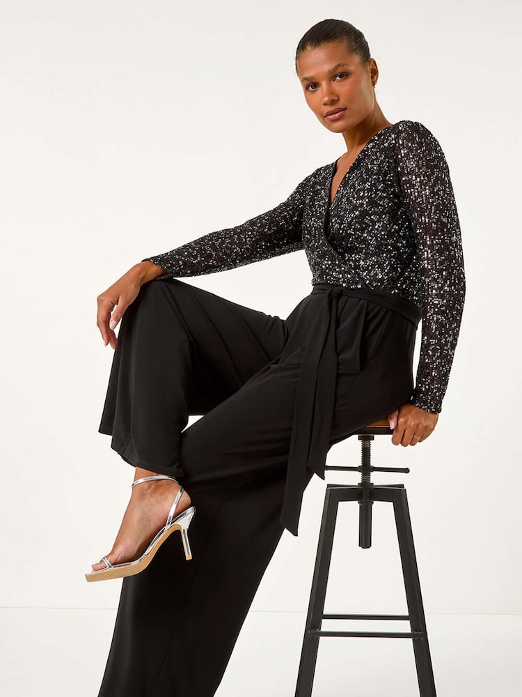 Roman Black Sequin Wrap V-Neck Stretch Jumpsuit - Image 1 of 5
