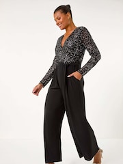 Roman Black Sequin Wrap V-Neck Stretch Jumpsuit - Image 2 of 5