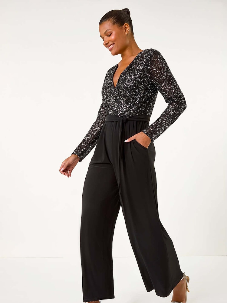 Roman Black Sequin Wrap V-Neck Stretch Jumpsuit - Image 2 of 5