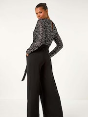Roman Black Sequin Wrap V-Neck Stretch Jumpsuit - Image 3 of 5