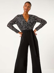 Roman Black Sequin Wrap V-Neck Stretch Jumpsuit - Image 4 of 5