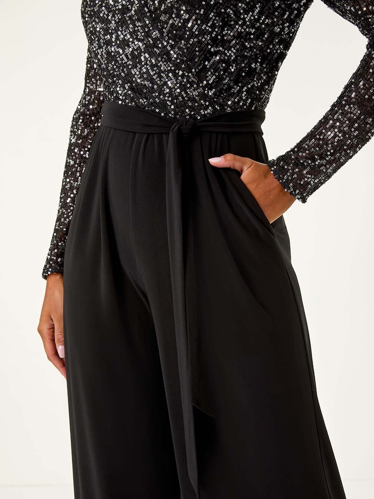 Roman Black Sequin Wrap V-Neck Stretch Jumpsuit - Image 5 of 5