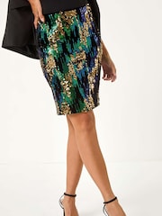 Roman Green Velvet Sequin Detail Pencil Skirt - Image 4 of 5