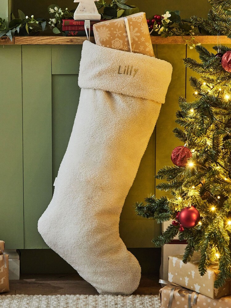 Personalised Name Cream Borg Christmas Stockings by My 1st Years - Image 1 of 3