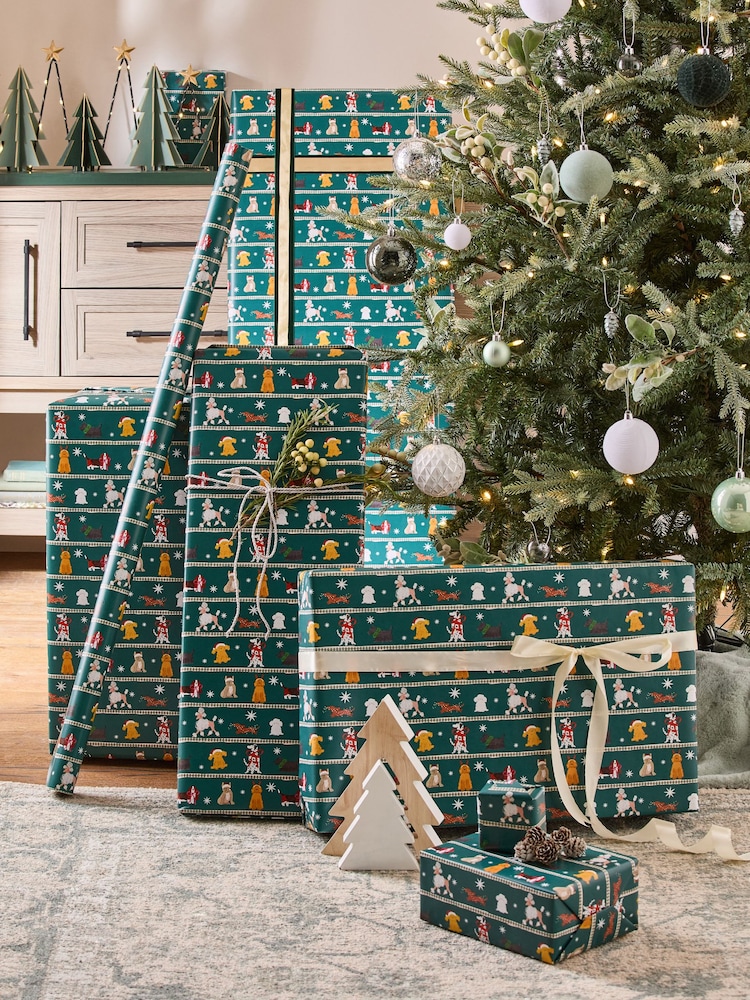 Green Festive Dogs Extra Wide, 10m Christmas Wrapping Papers - Image 1 of 4 Green Festive Dogs Extra Wide, 10m Christmas Wrapping Papers - Image 1 of 4