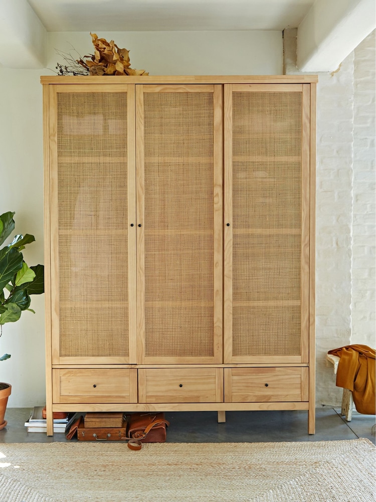 La Redoute Intérieurs Natural Gabin Solid Pine & Rattan Triple Wardrobe - Image 1 of 6