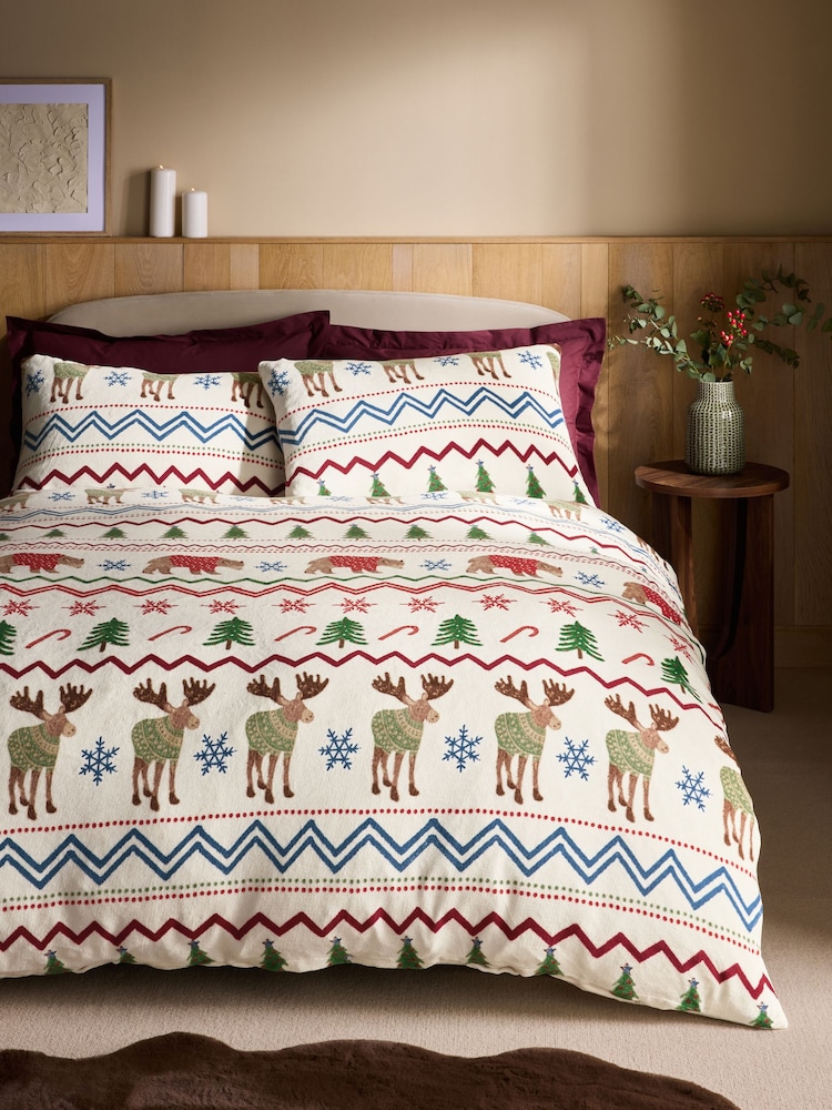 Natural Bertie and Moose Christmas Fleece Duvet Cover and Pillowcase Set - Image 1 of 4