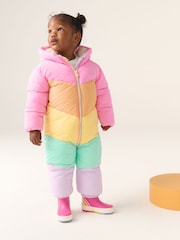 Little Bird by Jools Oliver Pink Pastel Rainbow Colourblock Shower Resistant Snowsuit - Image 3 of 10