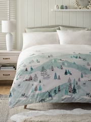 Blue/Green Winter Trees Christmas Duvet Cover and Pillowcase Set - Image 1 of 5