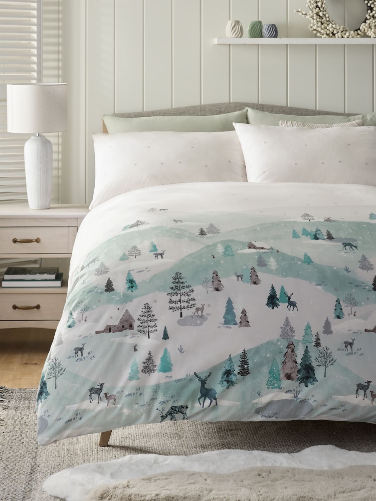 Blue/Green Winter Trees Christmas Duvet Cover and Pillowcase Set - Image 1 of 5 Blue/Green Winter Trees Christmas Duvet Cover and Pillowcase Set - Image 1 of 5