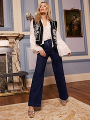 Love & Roses Black Embroidered Faux Fur Shearling Gilet - Image 2 of 4