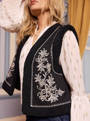 Love & Roses Black Embroidered Faux Fur Shearling Gilet - Image 4 of 4