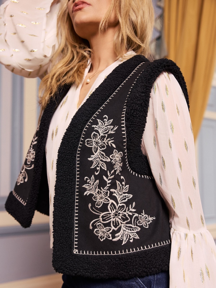 Love & Roses Black Embroidered Faux Fur Shearling Gilet - Image 4 of 4