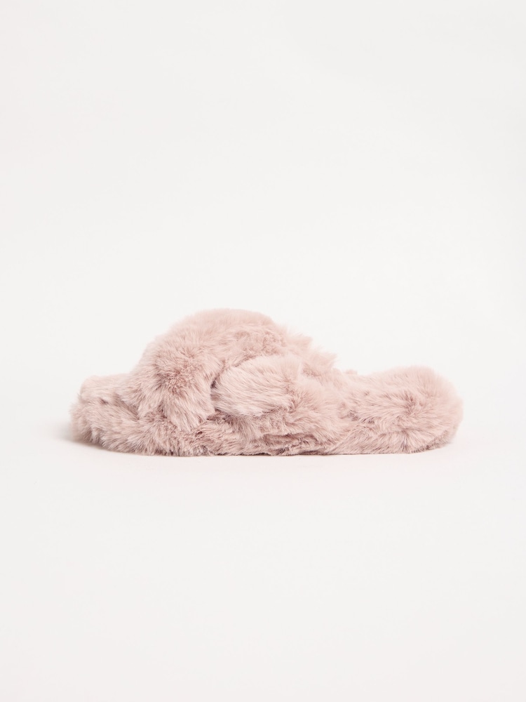 Lipsy Pink Cross Strap Super Soft Faux Fur Nightwear Slippers - Image 5 of 5