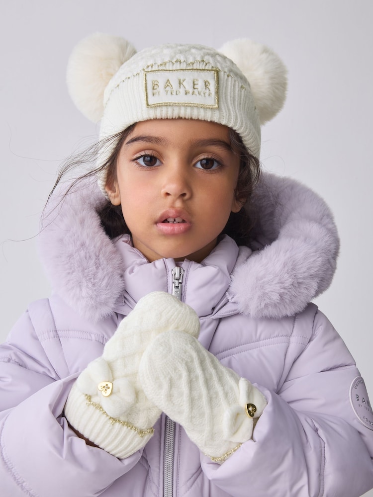 Baker By Ted Baker Girls Double Pom Eared Hat and Mittens Set - Image 1 of 7 Baker By Ted Baker Girls Double Pom Eared Hat and Mittens Set - Image 1 of 7