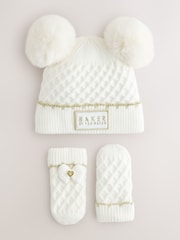 Baker By Ted Baker Girls Double Pom Eared Hat and Mittens Set - Image 5 of 7