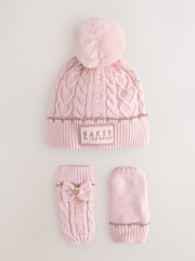 Baker by Ted Baker Girls Pink Cable Knit Beanie and Mittens Set - Image 1 of 5