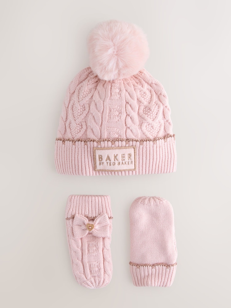 Baker by Ted Baker Girls Pink Cable Knit Beanie and Mittens Set - Image 1 of 5 Baker by Ted Baker Girls Pink Cable Knit Beanie and Mittens Set - Image 1 of 5