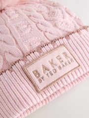Baker by Ted Baker Girls Pink Cable Knit Beanie and Mittens Set - Image 2 of 5