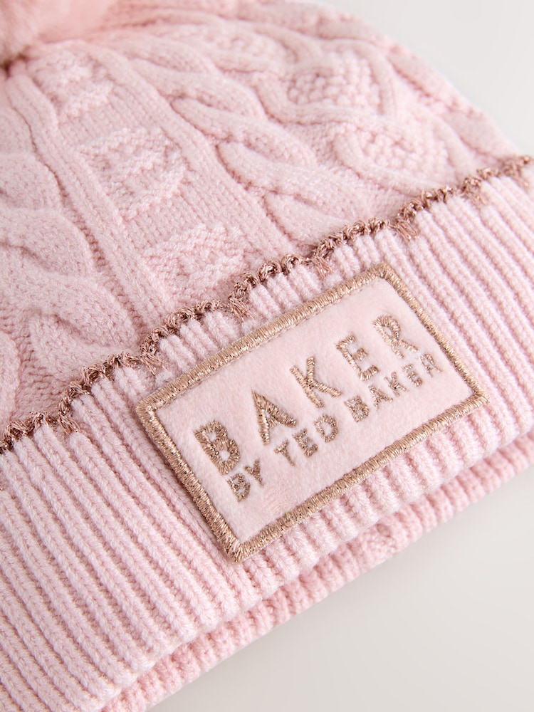 Baker by Ted Baker Girls Pink Cable Knit Beanie and Mittens Set - Image 2 of 5 Baker by Ted Baker Girls Pink Cable Knit Beanie and Mittens Set - Image 2 of 5
