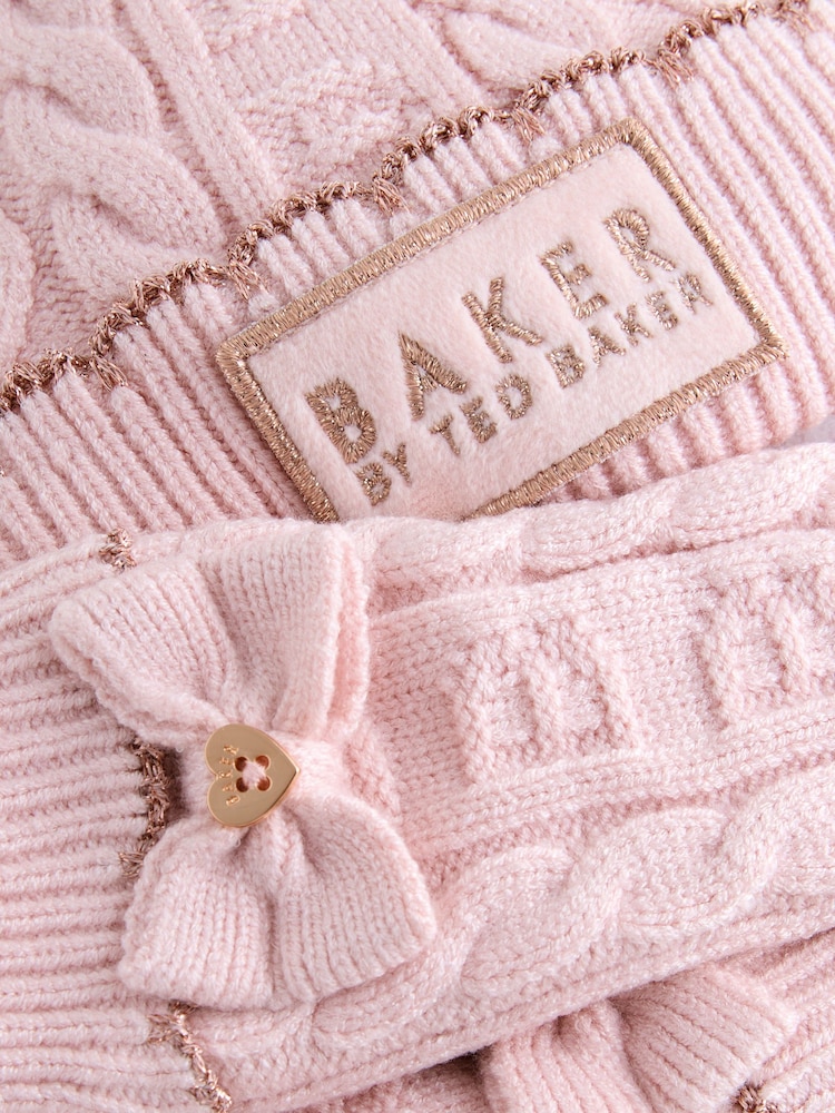 Baker by Ted Baker Girls Pink Cable Knit Beanie and Mittens Set - Image 5 of 5 Baker by Ted Baker Girls Pink Cable Knit Beanie and Mittens Set - Image 5 of 5