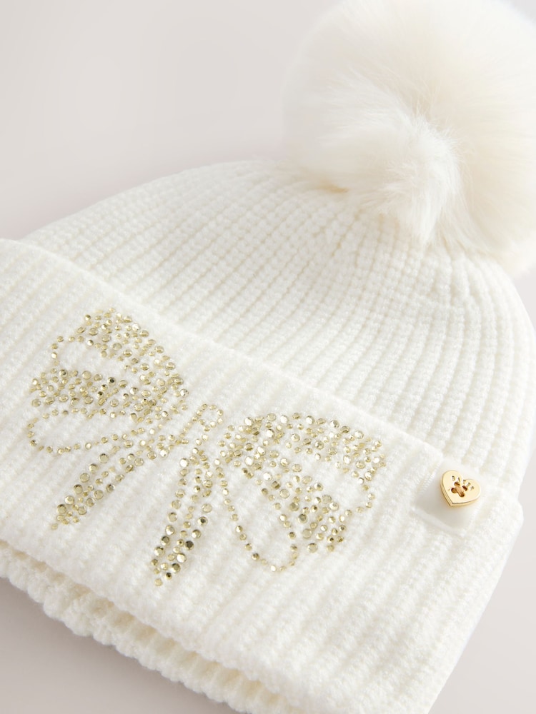 Creme - Baker by Ted Baker Girls Knitted Diamanté Bow Pom Hat and Gloves Set - Bild 11 von 11
