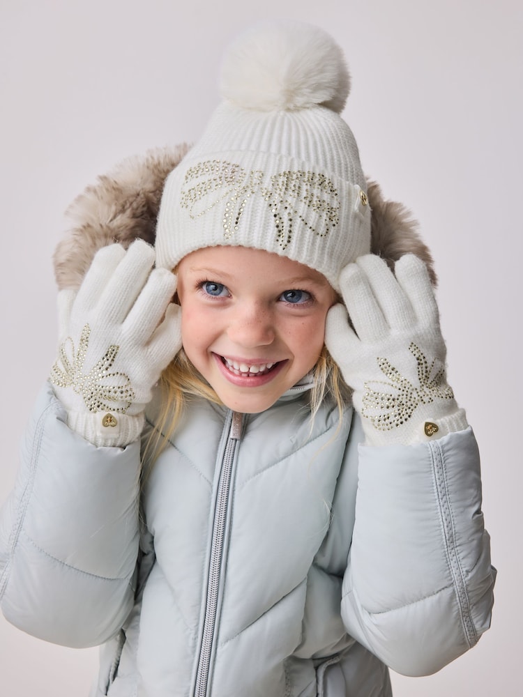 Creme - Baker by Ted Baker Girls Knitted Diamanté Bow Pom Hat and Gloves Set - Bild 1 von 11