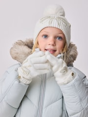 Creme - Baker by Ted Baker Girls Knitted Diamanté Bow Pom Hat and Gloves Set - Bild 3 von 11