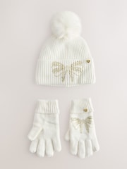 Creme - Baker by Ted Baker Girls Knitted Diamanté Bow Pom Hat and Gloves Set - Bild 4 von 11