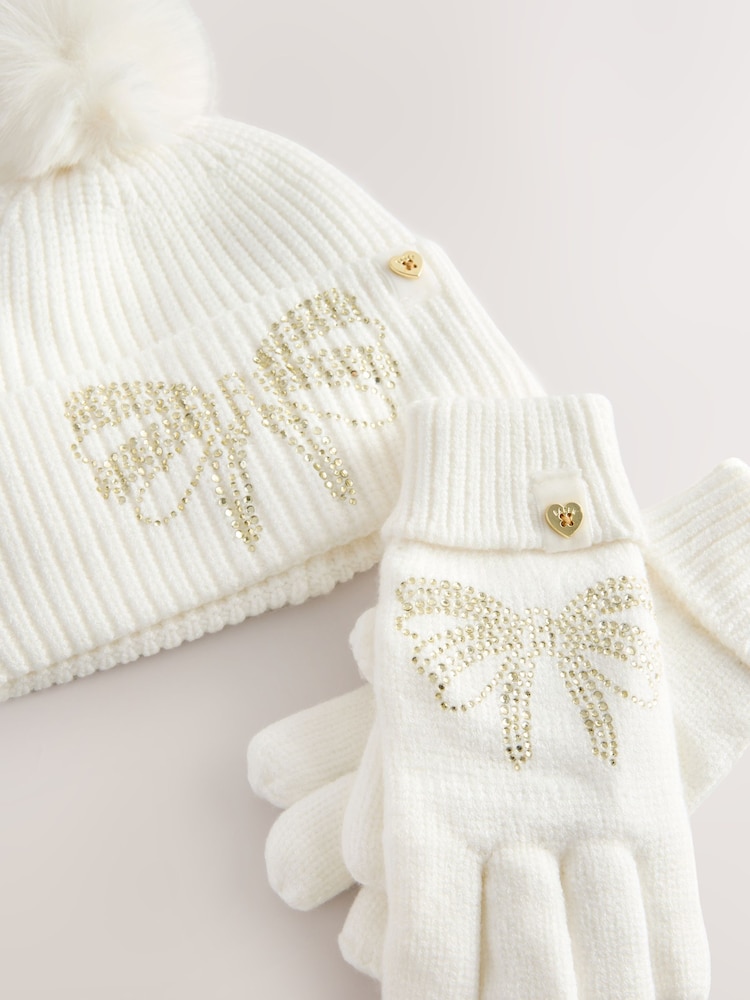 كريم - Baker by Ted Baker Girls Knitted Diamanté Bow Pom Hat and Gloves Set - صورة 6 من 6