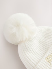 Creme - Baker by Ted Baker Girls Knitted Diamanté Bow Pom Hat and Gloves Set - Bild 8 von 11