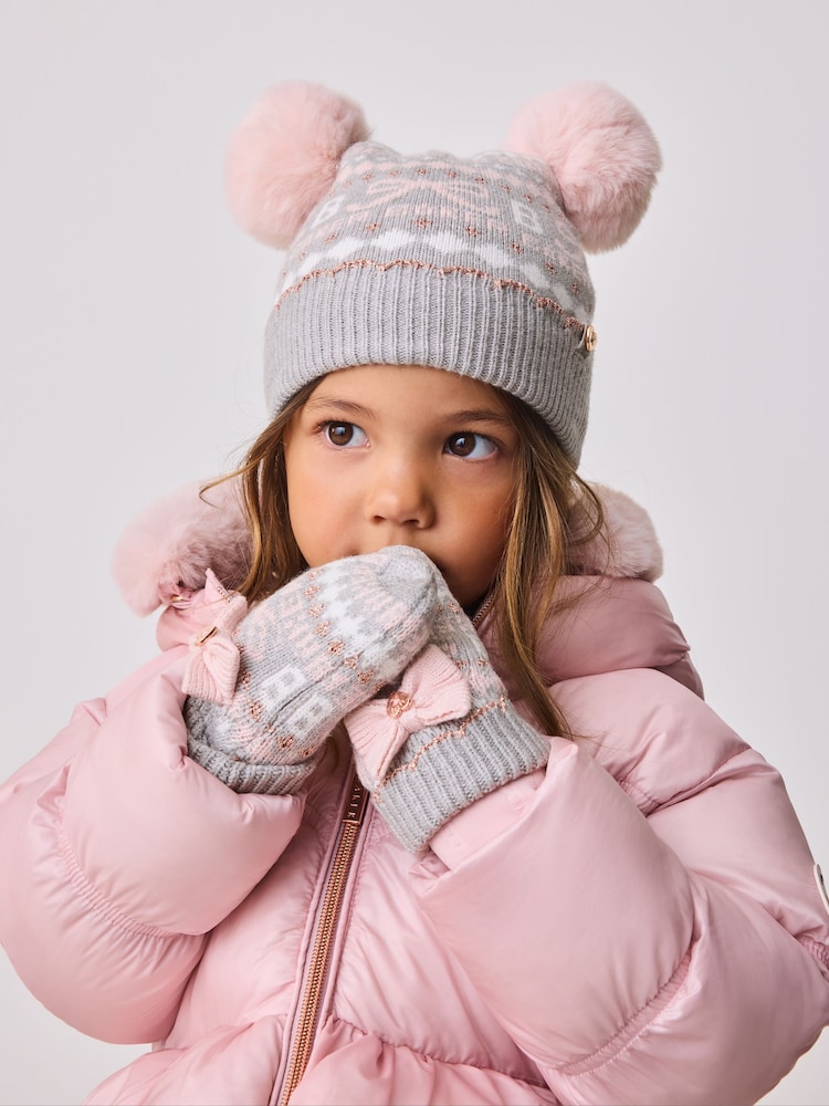 Baker By Ted Baker Girls Double Pom Eared Hat and Mittens Set - Image 1 of 5 Baker By Ted Baker Girls Double Pom Eared Hat and Mittens Set - Image 1 of 5