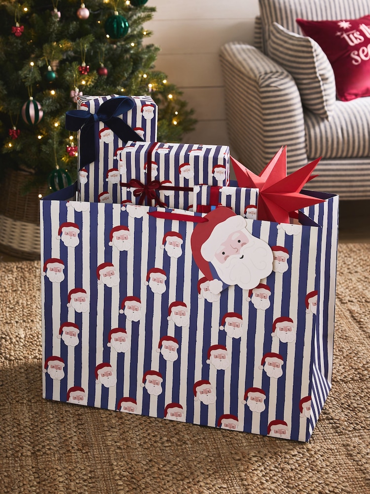 Navy Blue Stripe Santa Christmas Large Gift Bags - Image 1 of 3