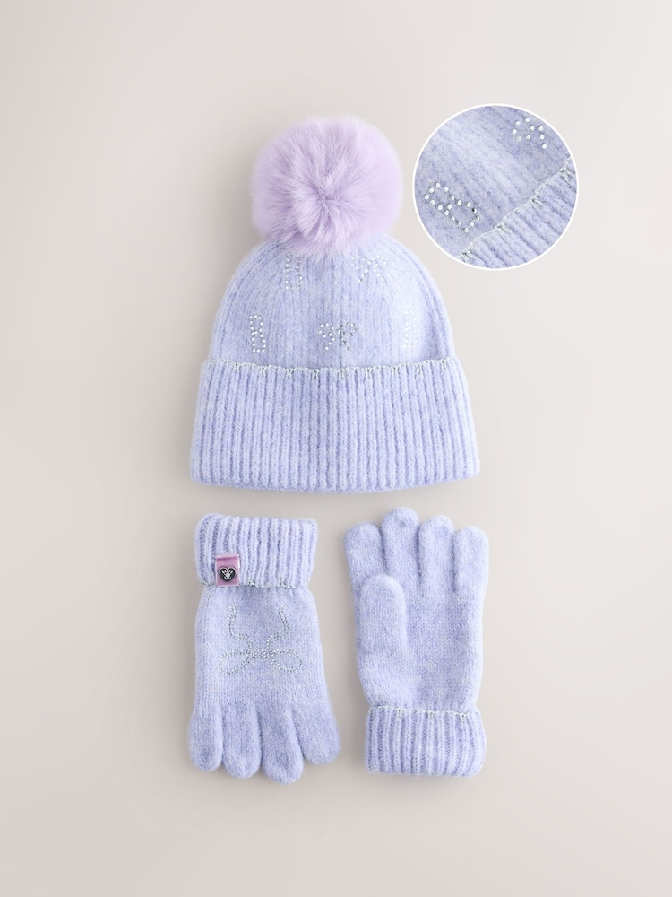 Flieder-Violett - Baker by Ted Baker Girls Knitted Diamanté Bow Pom Hat and Gloves Set - Bild 1 von 5