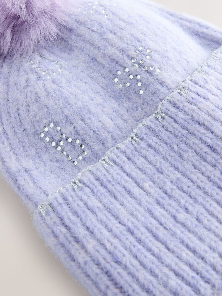 Flieder-Violett - Baker by Ted Baker Girls Knitted Diamanté Bow Pom Hat and Gloves Set - Bild 2 von 5
